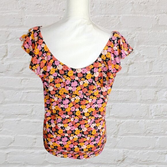 LOFT Flora Multi-Colored Ruffle Neckline Floral Sleeveless Blouse in Size M - Picture 3 of 4